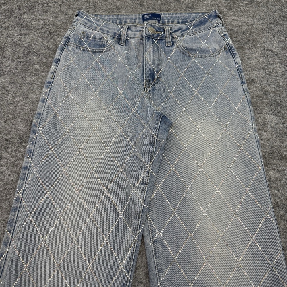 Project Indigo diamond rhinestone jeans juniors 7 medium light wash blue denim